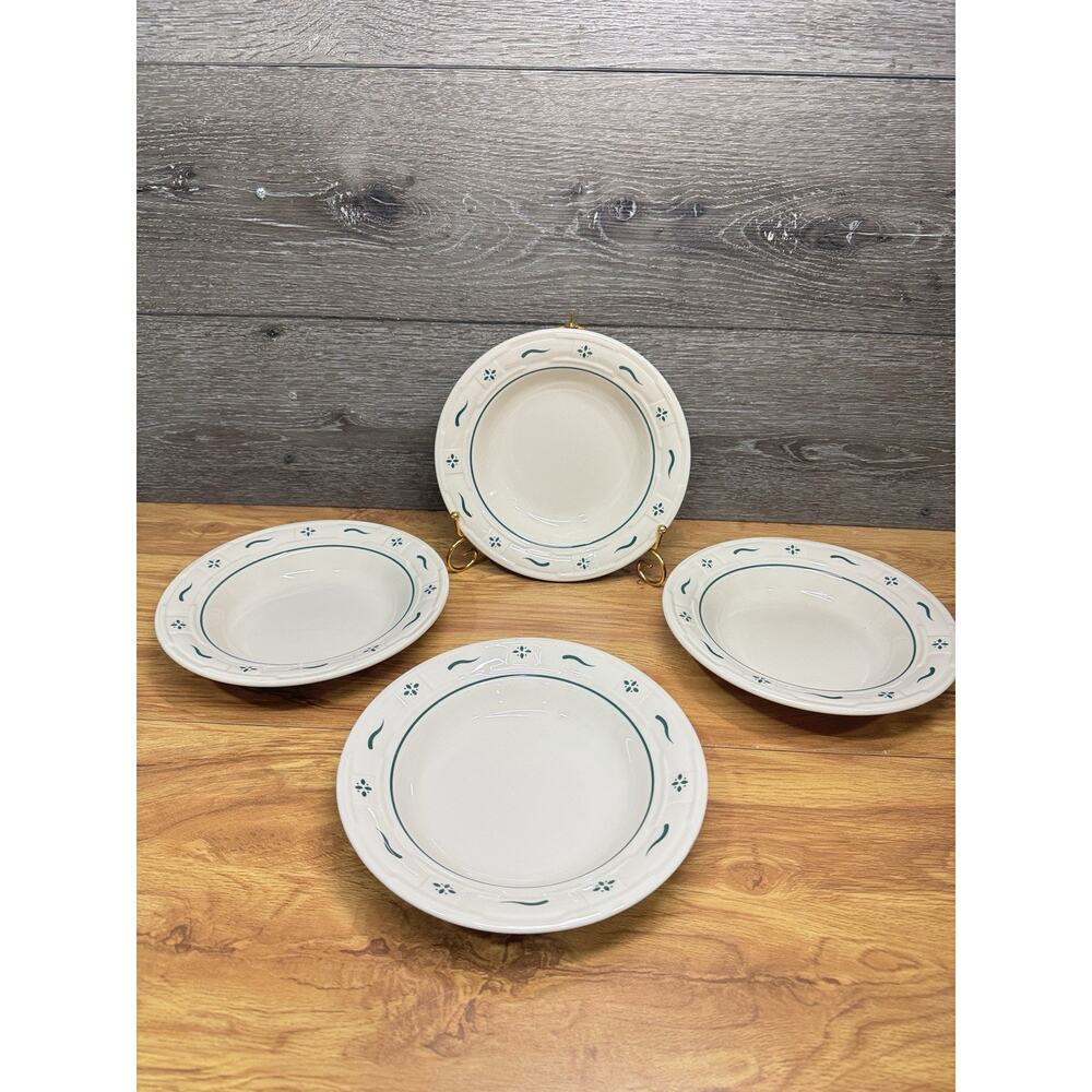 Longaberger Woven Traditions Heritage Green 8” Rim Soup Bowls USA ~Set Of 4 New